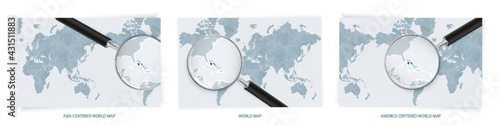 Blue Abstract World Maps with magnifying glass on map of The Bahamas with the national flag of The Bahamas. Three version of World Map.