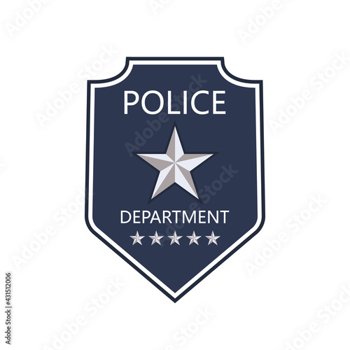 Police badge. Shield of cop department. Badge of officer police. Emblem of sheriff. Symbol of security, law, protect, detective, patrol and policeman. Label and logo for uniform. Star icon. Vector