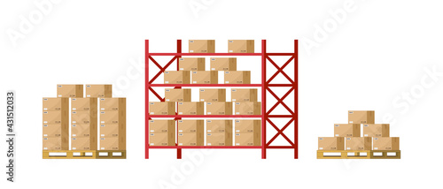 Warehouse inventory with rack, pallet and boxes. Shelf for storage of cargo. Stock of wholesale goods in warehouse of logistic. Icon of store, distribution. Merchandise on shelves of factory. Vector