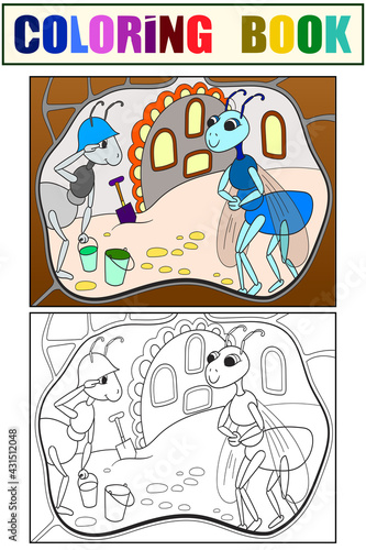 Ants at home  queen. Children illustration. Set of coloring book and color picture.