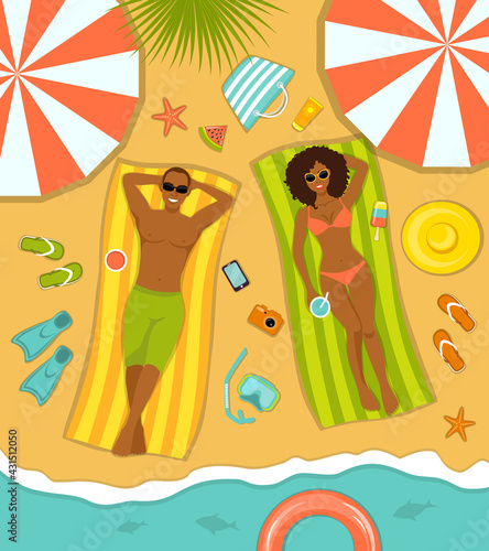 Couple on the beach top view. Man and woman sunbathing on striped towels . Summer time vector Illustration with people, beach accessories,