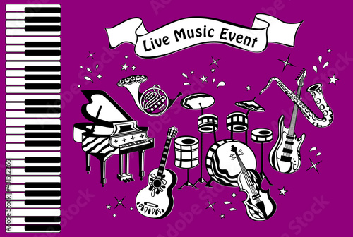 Music Instruments Poster template with piano, keys, french horn, saxophone, guitars, drums and violin