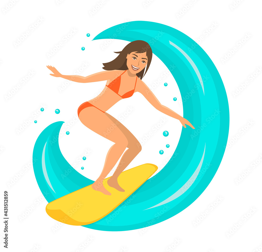 Woman surfer riding the wave on surfboard . Summer Beach Water Sports Activities. Surfing People Vector Illustration Woman surfer riding the wave on surfboard . Summer Beach Water Sports Activities. Surfing People Vector Illustration