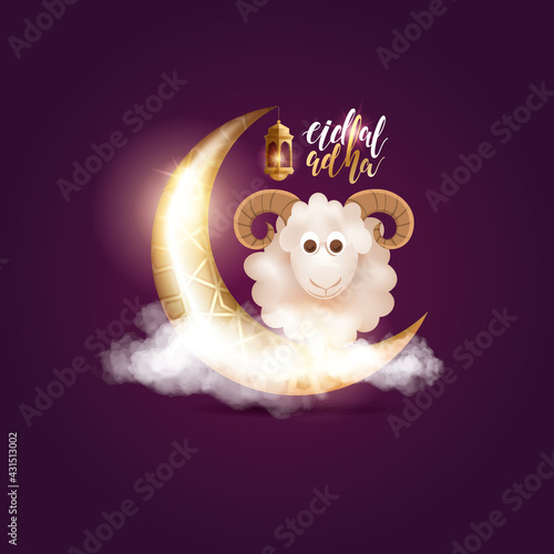 Eid al-Adha vector illustration. Muslim holiday Eid al-Adha. sacrifice ram white and black sheep. graphic design decoration kurban bayrami. month lamb and lamp.Translation from Arabic: Eid al-Adha