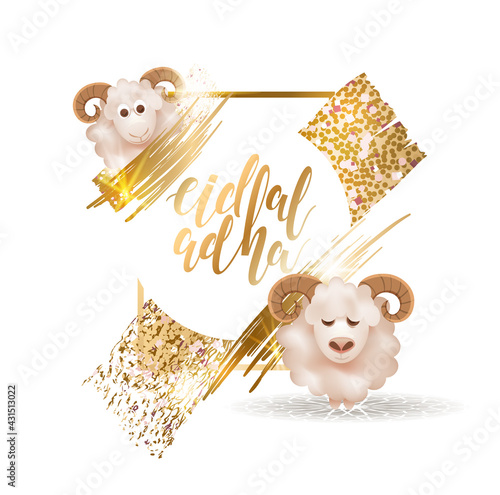 Eid al-Adha vector illustration. Muslim holiday Eid al-Adha. sacrifice ram white and black sheep. graphic design decoration kurban bayrami. month lamb and lamp.Translation from Arabic: Eid al-Adha