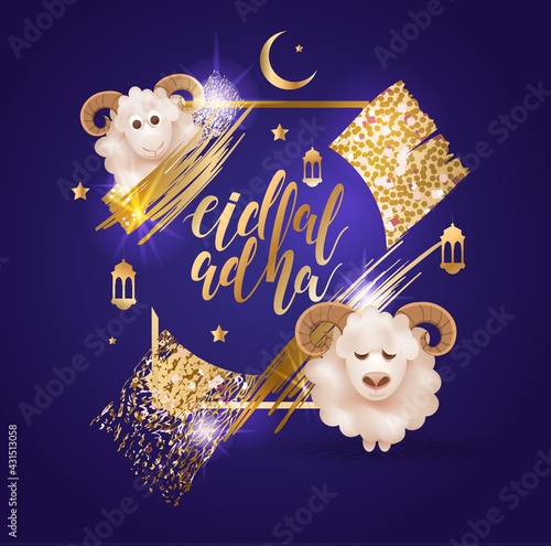 Eid al-Adha vector illustration. Muslim holiday Eid al-Adha. sacrifice ram white and black sheep. graphic design decoration kurban bayrami. month lamb and lamp.Translation from Arabic: Eid al-Adha