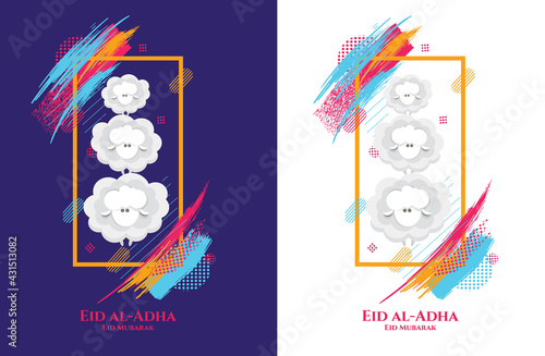 Eid al-Adha vector illustration. Muslim holiday Eid al-Adha. sacrifice ram white and black sheep. graphic design decoration kurban bayrami. month lamb and lamp.Translation from Arabic: Eid al-Adha