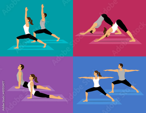 Couple doing yoga workout set. man and woman in warrior one and two, upwards and downwards facing dog poses.