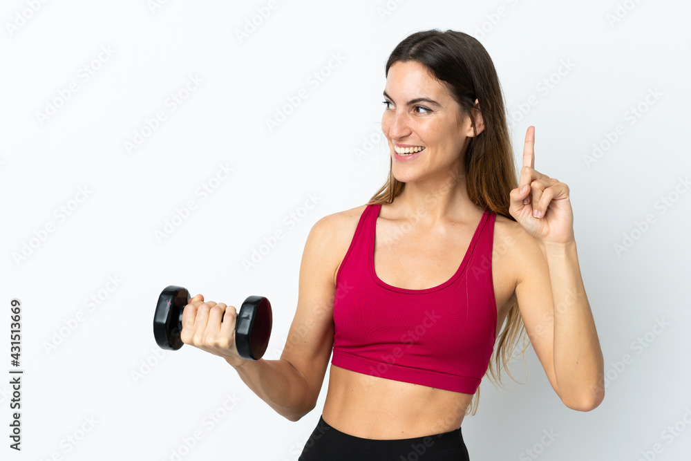 Sport woman making weightlifting isolated on white background intending to realizes the solution while lifting a finger up