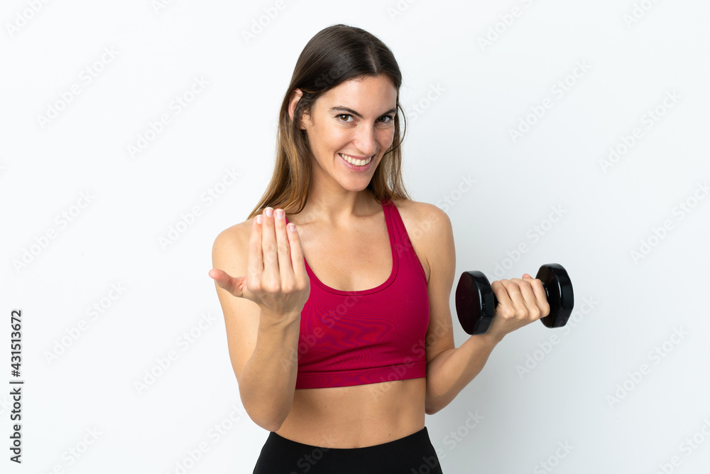 Sport woman making weightlifting isolated on white background inviting to come with hand. Happy that you came Sport woman making weightlifting isolated on white background inviting to come with hand. Happy that you came