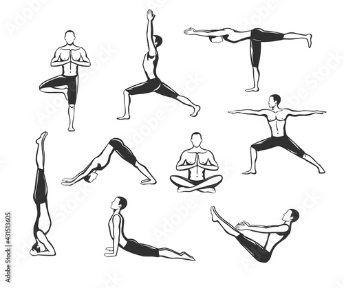 Yoga workout. Silhouettes of a man in tree, sirsasana, boat, warrior one, two, three, downwards and upwards facing dog, lotus poses.