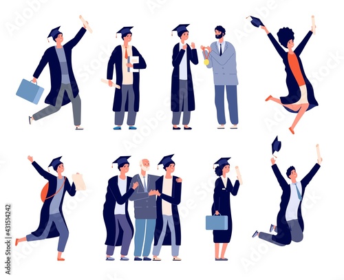 Graduate characters. College students, happy university graduating people. Boy girl with diploma medals, isolated academic utter vector set