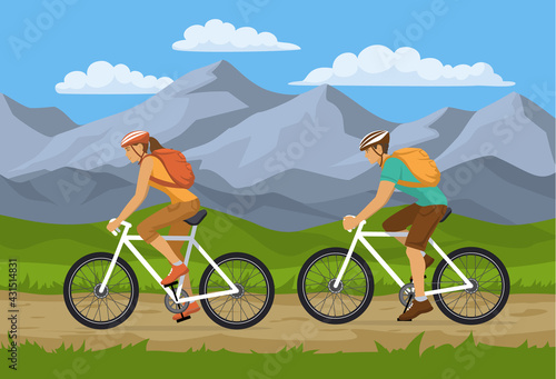 Man and woman traveling with backpacks on mountain bikes. Couple outdoor cycling workout in nature