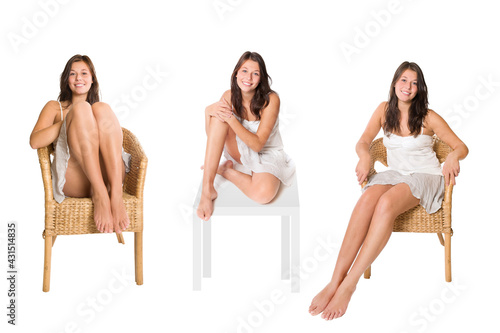 Happy young woman sitting on a wicker chair and on a white table, three poses, isolated in front of white studio background 
