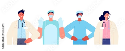 Medical team together. Healthcare workers, doctor working hospital. Flat professional clinic nurse, health business career utter vector banner