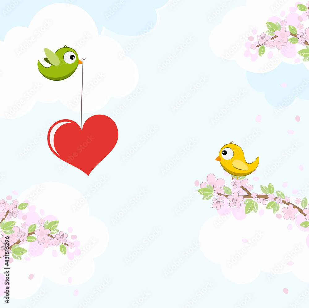 Birds in love on blossom branches