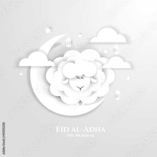 Eid al-Adha vector illustration. Muslim holiday Eid al-Adha. sacrifice ram white and black sheep. graphic design decoration kurban bayrami. month lamb and lamp.Translation from Arabic: Eid al-Adha