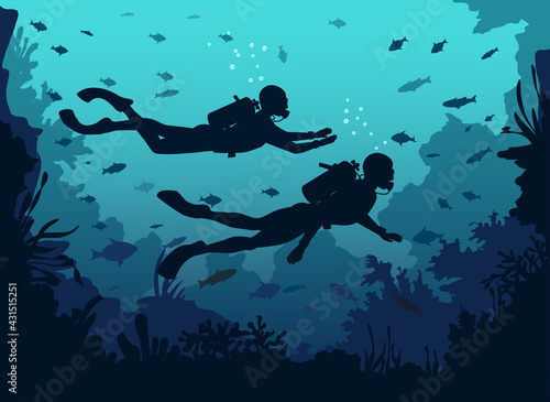 Man and woman scuba divers silhouette swimming in deep sea. Underwater Background with coral reefs and fishes