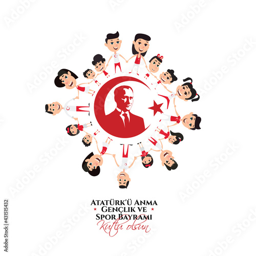 19 mayis Ataturk'u Anma, Genclik ve Spor Bayramiz , translation: 19 may Commemoration of Ataturk, Youth and Sports Day, graphic design to the Turkish holiday, children logo. vector illustration 