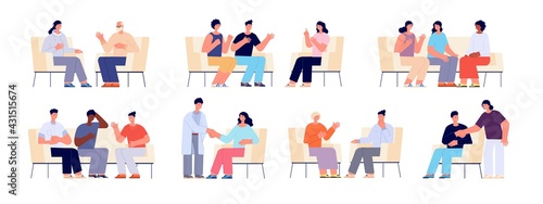Group therapy. People sitting chairs, person on sofa or couch talk with consultant. Adults talking, psychologist and psychology support utter vector set