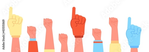 Fans foam fingers. Diversity sports hand, soccer fan thumb up. Sport crowd hands, cartoon football fanatic glove. Support team utter vector concept