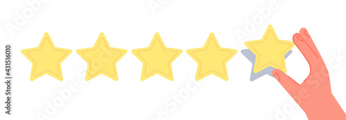 Feedback concept. Good review, supporting client service successful. Hand holding star, golden stars rating. Reputation or quality utter vector concept