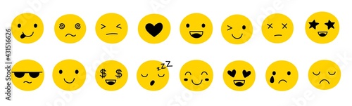 Cute yellow emoticons. Isolated emoticon, emoji social messages characters. Sad angry happy expressions, emotions reactions exact vector set