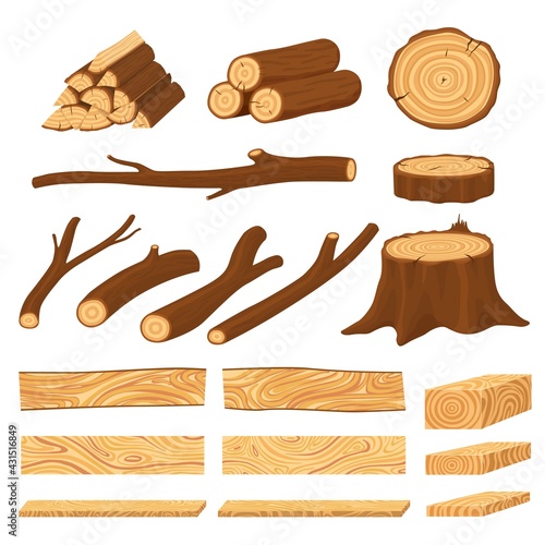 Cartoon timber. Pine wood timbers, planks stacks and old firewood objects. Lumbers pile, forest stumps and log tree trunks recent vector set