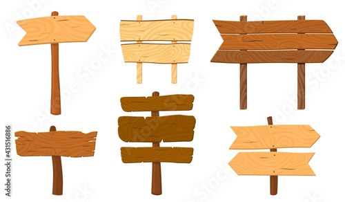 Cartoon wooden pointers. Wood pointer stick, arrows sign. Ui game board, road plank or direction signpost. Isolated blank panel recent vector set