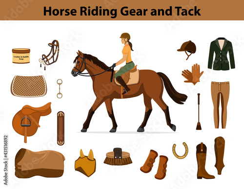 Equestrian port equip et. Horse riding gear and tack accessories. Show Jacket, breeches, gloves, boots, chaps,  whip, horseshoes, grooming brush, saddle, pad, blanket