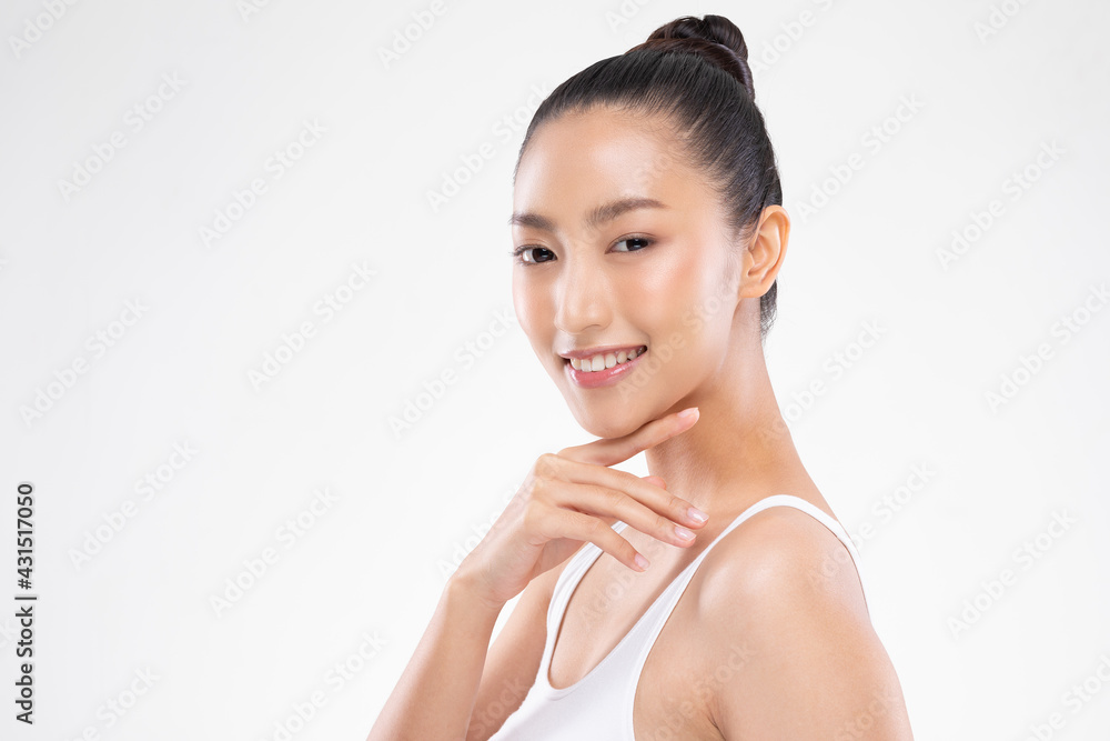 Wellness Asian young woman touch her chin clean fresh and nutural pure skin,Pretty girl smile with be moist skin on her face shining like a model,Facial treatment of beauty woman Wellness Asian young woman touch her chin clean fresh and nutural pure skin,Pretty girl smile with be moist skin on her face shining like a model,Facial treatment of beauty woman