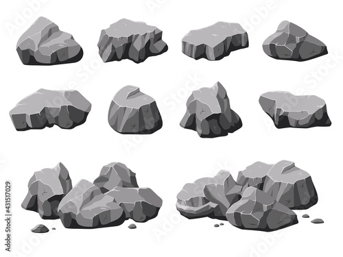 Cartoon natural stones. Boulder rock, stone and rubble pile. Isolated 3d mountain, gray rough granite decoration material recent vector collection