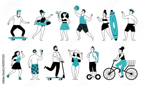 Summer activities characters. City walk life, young woman drink cartoon. Active person, female on bicycle. Sport on beach or park decent vector set