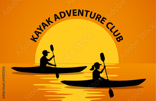Man and Woman Paddling in Kayaks at Sunset Silhouette Vector illustration