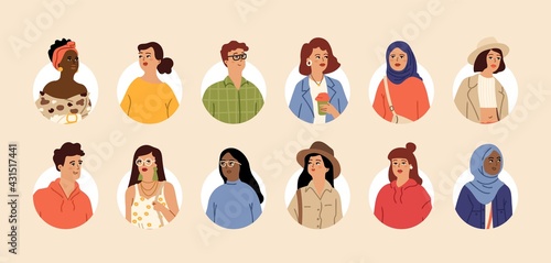 Avatars people. Casual stylish woman man. Cartoon portraits, teenagers girl boy. Afro american european arabic vector characters