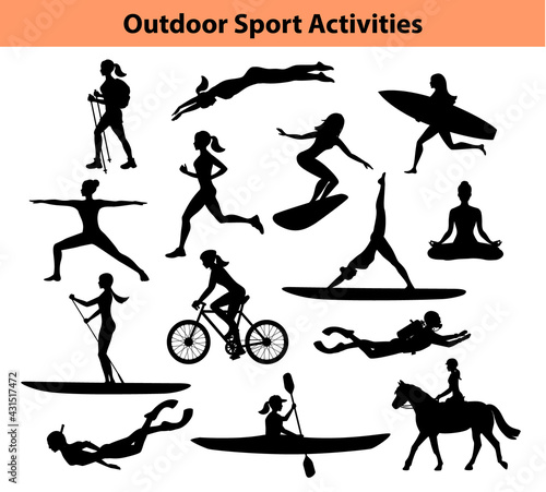 Outdoor training sport activities. female silhouette.  woman swimming, trekking, running, cycling, doing Yoga, hiking, scuba diving, kayaking, stand up paddle boarding etc