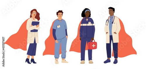 Medical heroes team. Superhero doctors, emergency worker and nurse. Hospital staff in red cape vector characters