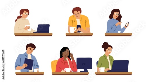 People in cafe. Drinking coffee tea characters. Men women working, drink. Isolated cartoon modern vector persons set