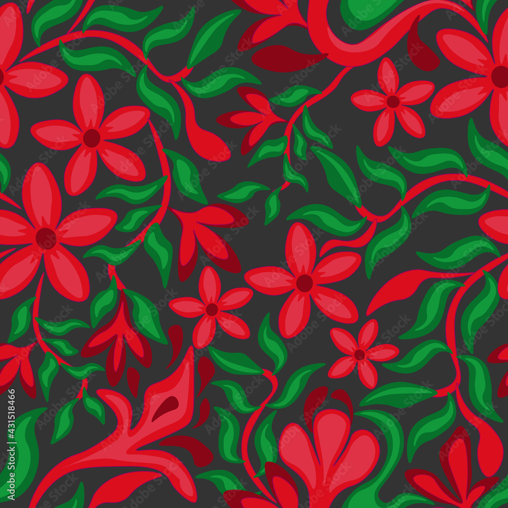 Hand draw red daisies on grey background. Seamless floral pattern. Vector.