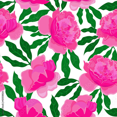 Pink peonies on white background. Seamless floral pattern, vector.