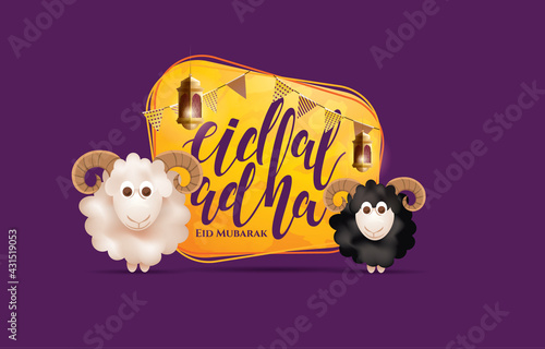 Eid al-Adha vector illustration. Muslim holiday Eid al-Adha. sacrifice ram white and black sheep. graphic design decoration kurban bayrami. month lamb and lamp.Translation from Arabic: Eid al-Adha