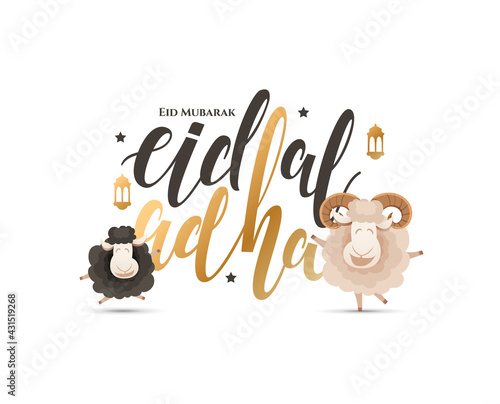 Eid al-Adha vector illustration. Muslim holiday Eid al-Adha. sacrifice ram white and black sheep. graphic design decoration kurban bayrami. month lamb and lamp.Translation from Arabic: Eid al-Adha
