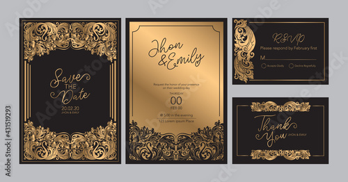 Wedding invitation cards baroque style  gold. Vintage Pattern. Retro Victorian ornament. Frame with flowers elements. Vector illustration. - Vector