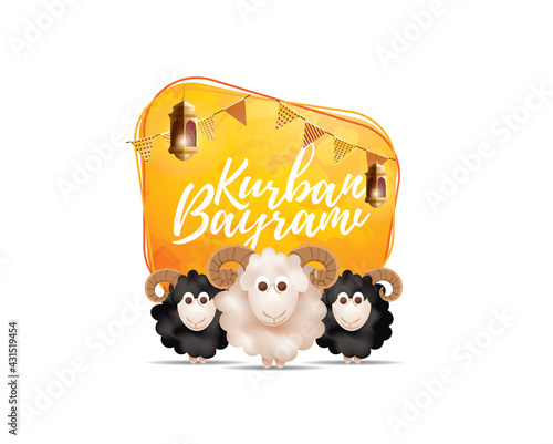 Eid al-Adha vector illustration. Muslim holiday Eid al-Adha. sacrifice ram white and black sheep. graphic design decoration kurban bayrami. month lamb and lamp.Translation from Arabic: Eid al-Adha
