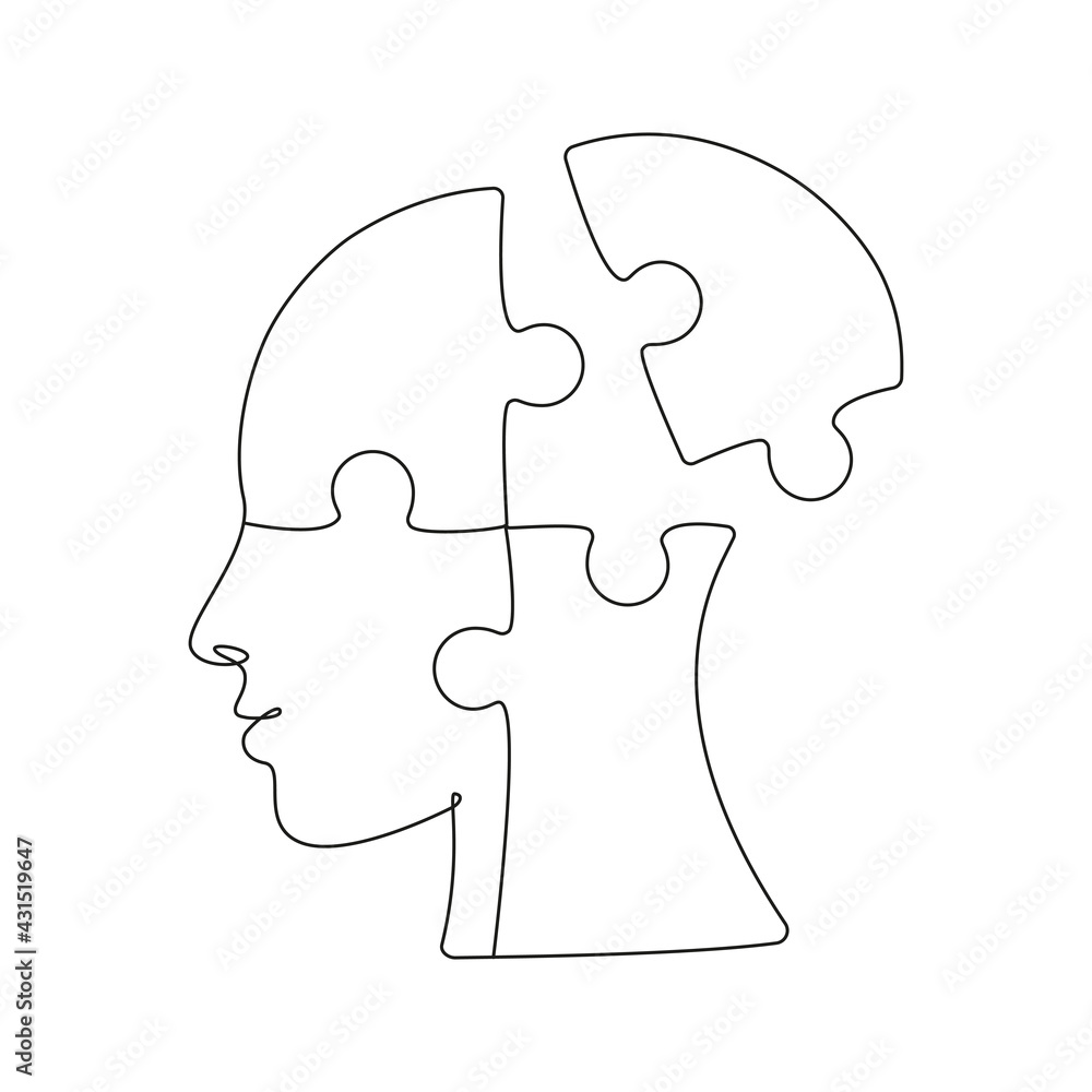 Puzzle shaped head lacking one piece in one line drawing. Concept of Mental health. Thoughts management in psychology. Vector illustration Puzzle shaped head lacking one piece in one line drawing. Concept of Mental health. Thoughts management in psychology. Vector illustration