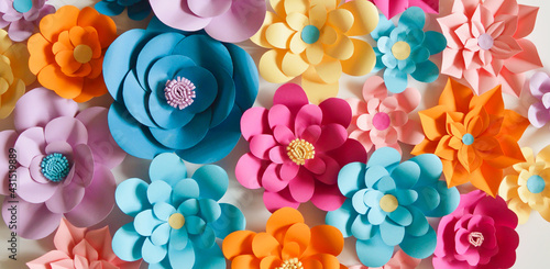 paper flowers. interior decor. wall decoration in the interior. paper decor. flowers in the interior. decoration with large flowers. background for decoration for the holiday.