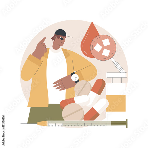 Diabetes medications abstract concept vector illustration. Diabetes mellitus therapy, disease treatment, insulin injection, syringe needle, medical capsule, diabetic diet abstract metaphor.