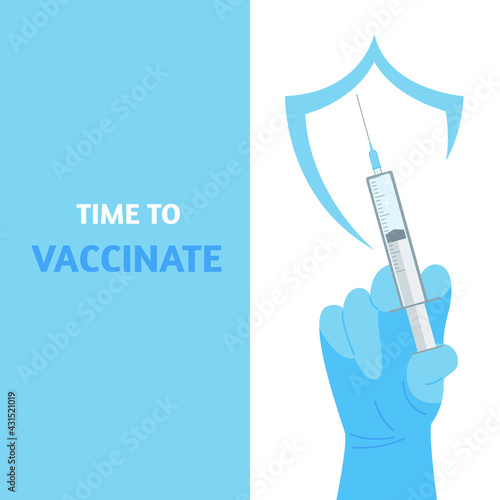 Syringe with a vaccine in the doctor's hand. Concept of time for vaccination, coronavirus infection pandemic. Vector stock illustration. 