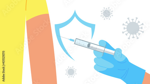 The doctor puts a shot of the vaccine. Concept of time for vaccination, coronavirus infection pandemic. Vector stock illustration. 