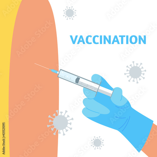 The doctor's hand holds a syringe with the coronavirus vaccine. Time for vaccination concept. Stock vector illustration. 